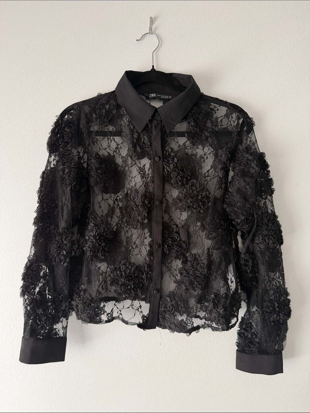 Zara Black Sheer Floral Appliqué Button-Up Blouse